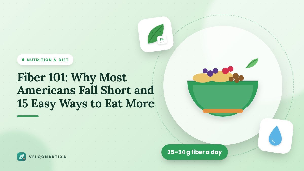 Illustration of a bowl of oats, beans, and berries with a fresh leaf, representing high-fiber foods