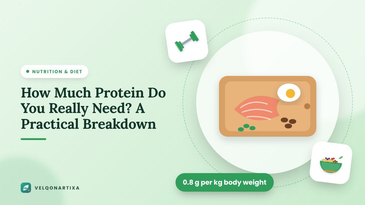Illustration of a cutting board with a salmon fillet, an egg, nuts, and beans as protein sources