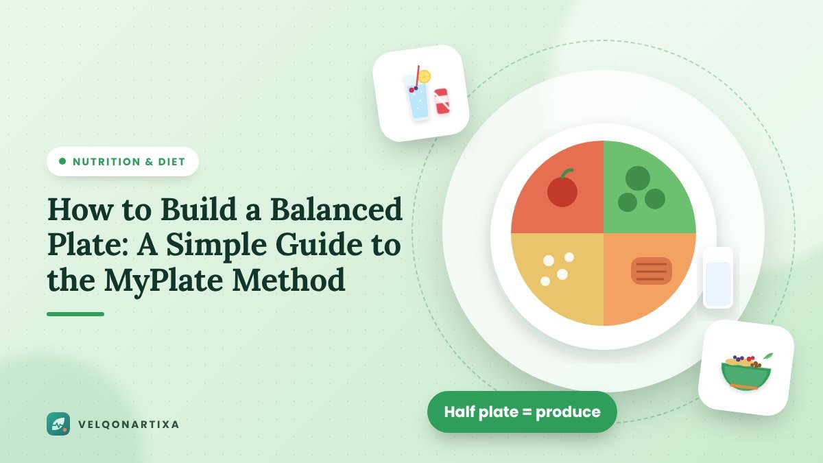Illustration of a divided dinner plate with vegetables, fruit, whole grains, and protein beside a glass of milk