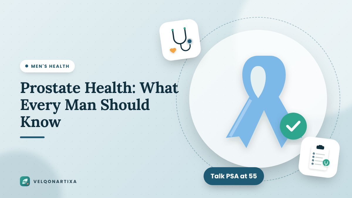 Illustration of a light blue prostate cancer awareness ribbon with a checkmark