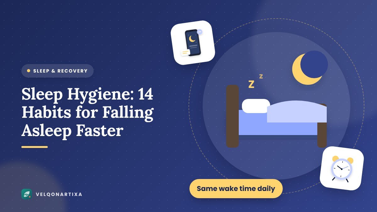 Illustration of a cozy bed under a crescent moon representing healthy sleep habits