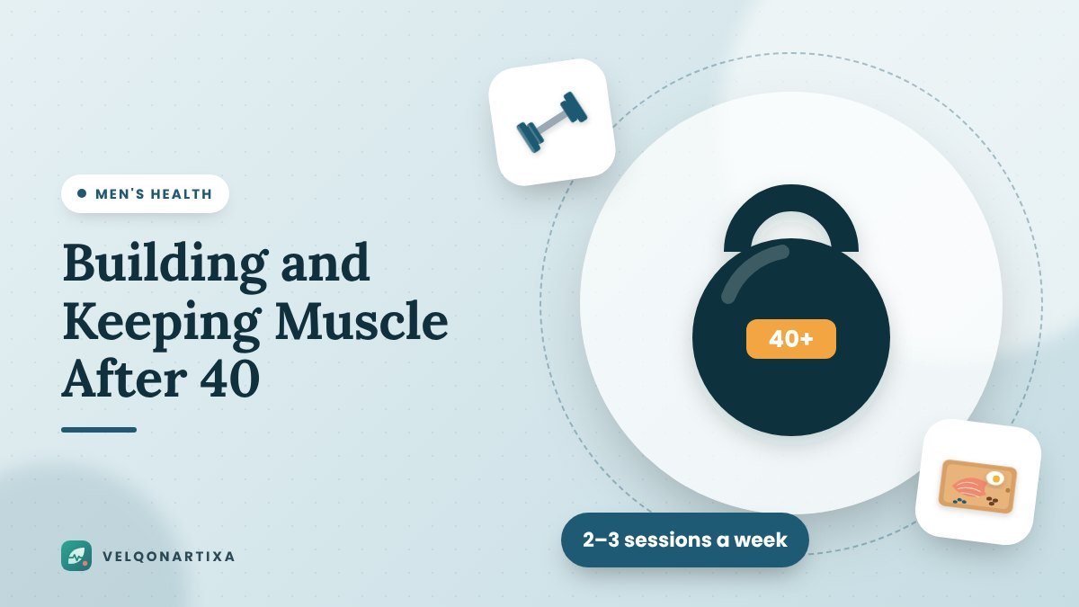 Illustration of a kettlebell labeled 40-plus representing strength training after 40